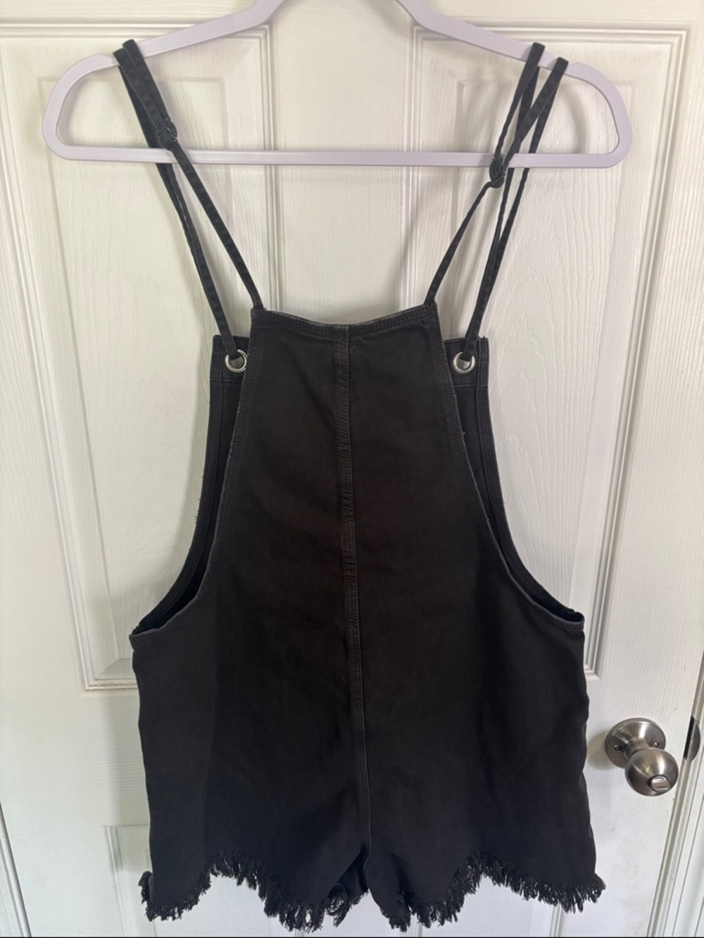 aerie Black Frayed Hem Denim Short Overalls Romper - Picture 5 of 8